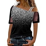 Caixunkun Frauen Bedruckte schulterfreie Oberteile Sexy Glitzer-Kurzarmhemd-Blusenoberteile Hemden 84 - White S