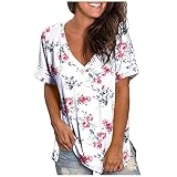 Sommer T-Shirts Damen Basic Shirt Kurzarm Locker Oberteile Freizeit Gedruckt Tunika Sommer Kurzarmblusen T-Shirts Tops V-Ausschnitt Mode Damenbluse Sommer T