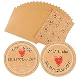 FLOFIA 300Pcs Etiketten Mit Liebe Selbstgemacht Selbstklebend Marmelade Sticker ∅40mm Kraftpapier Aufkleber Rund Handmade Etiketten Eingemachtes Likör für Gläser, Marmeladen, Verpackung