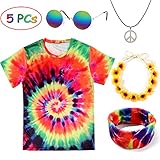 Tacobear Hippie Kostüme für Damen Herren Hippie Brille Hippie Kette Hippie T-Shirt Hippie Blumenhaarband Tie-Dye Stirnband Hippie Accessoires für Themenparty Fasching Karneval (XL)