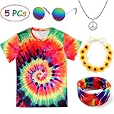 Tacobear Hippie Kostüme für Damen Herren Hippie Brille Hippie Kette Hippie T-Shirt Hippie Blumenhaarband Tie-Dye Stirnband Hippie Accessoires für Themenparty Fasching Karneval (L)