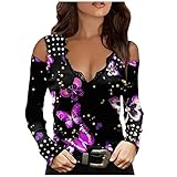 OVERDOSE Damen Schulterfrei T-Shirts Aushöhlen Tops Lace Blouse Mode Oberteile Lange Ärmel Tunik