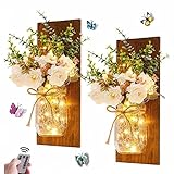 2PCS Einmachglas Wandleuchten, LED-Streifenleuchten mit künstlicher Blume und Holzplatte Rustikale Wandleuchten Hängelaterne für Schlafzimmer, Garten, Wanddek