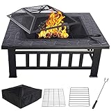 AufuN Feuerstelle mit Grillrost 81x81x37cm - 3 in 1 Multifunktional Feuerschale für Heizung/BBQ- Quadratisch Metall Feuerkorb mit wasserfeste Schutzhü