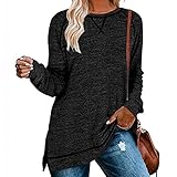 Linarun Langarmshirt Damen Rundhals langem Ärmel mit geteiltem Oberteil Beliebten Basic Tops Bekleidung (A-Schwarz, L)