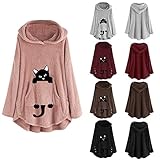 Fleecemantel Damen Lang Unregelmäßige Kapuzenjacke Outdoor Oversize Mäntel Cartoon Katze Muster Winter Pullover Teddy Fleece Plüsch Dicke Knopf Wollmantel Frauen Hoodie Casual Lose Lang Winterjack