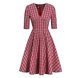 YLDCN Partykleider Für Damen Frauen Sexy V-Ausschnitt Plaid Hohe Taille Robe Kleid-Red_XXL