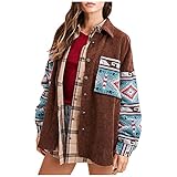 RMBLYfeiye Vintage Damen Jacke Casual Hemdbluse Knöpfen Oversize Warm Mantel Wolltuch Mantel Boho Kurz Hemdjacke Ethnischer Stil Mode Langarm Mit B