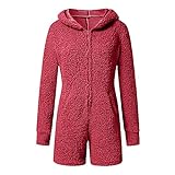 Damen-Einteiler aus Sherpa-Fleece mit Kapuze, superweicher Fleece-Einteiler, warm, für den Winter, Pyjama, Kostüme, flauschige PJs, Shorts/lange Hosen, A-#01-rot, 46