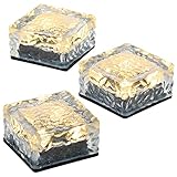 3er Set Solar Glasstein Pflasterstein Bodenleuchte Dekoleuchte mit 4 LED 10 x 10 x 5 cm robustes Milchglas mit Akku & Dämmerungssensor warmweiß