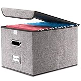 Prandom File Organizer Box - Set of 1 Collapsible Decorative Linen Filing Storage Hanging File Folders with Lids Office Cabinet Letter Size (15x12.2x10.75 inch)