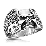 Autiga® Herrenring Edelstahl Totenkopf Skull Eisernes Kreuz Flügel Silber 59 - Ø 18,95