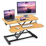 GOPLUS Sit-Stand Schreibtisch, Höhenverstellbarer Schreibtischaufsatz, ergonomischer Sitz-Steh-Schreibtisch aus Metallgestell und Spannplatte, Gasdruckfeder, belastbar bis 15 kg (Natur)