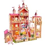 Puppenhaus Spielzeug Sets,mit 49 ​​Stück Möbelzubehör und Lichtern. 4 Etagen Großes Puppenhausspielzeug (Höhe 102 x Länge 93 x Breite 63cm) für 3-6 jährige M