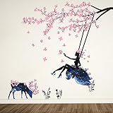 Wandtattoo Mädchen auf Baum Swing & Moose Silhouette Wand Aufkleber mit Rosa Schmetterlinge Dekorative Abnehmbare Wandsticker DIY Vinyl Wand Aufkleber für Wohnzimmer, S