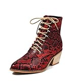 UMore Damen Stiefeletten mit Absatz, Leder Bunter Druck Entwurf Spleißen Kurze Stiefel Chunky Block Heels Zipper Schuhe Warme Pelz Gefüttert Winter Schneeschuhe Retro Elegante Party S