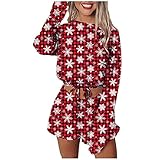 GilRu Damen 2-teiliges Weihnachts-Outfit-Set Schneeflocke Elch Druck Kordelzug Cropped Tops und kurze Hosen Home Suit, B-Rot, 42