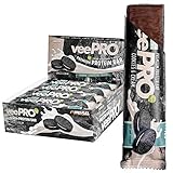 Vegane Proteinriegel veePRO | 20g Eiweiß, 27% Ballaststoffe | Low Carb Eiweißriegel | Gesunder & leckerer Snack, milchfreier Schokoladenmantel, Fitness- und Sportnahrung – 12 Riegel (Cookies & Cream)