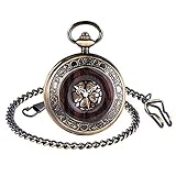 Unendlich U Herren Unisex Mechanische Taschenuhr Mit Kette Holz Aushöhlen Zurück Skeleton Dial Römische Ziffern Vintage Style Halsk
