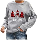 Weihnachten Sweatshirts für Damen Mode Weihnachtsmann Gnome Print Shirts Casual Langarm Rundhals Bluse Herbst Pullover Tops (P-grau, XL)