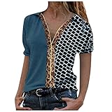 Damen Casual Fashion Print Reißverschluss Revers Color Blocking Kurzarmhemd,T-Shirt Damen Sommer Oberteile V-Ausschnitt(Blau:S)