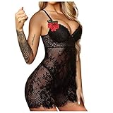 Damen Dünn Abnehmbare Push Up Bralette Spitzen Balconette BH Set Sexy Blumen- Unterwäsche Set, Spitze Reizwäsche Negligee, V-Ausschnitt Transparente Sleepwear, Lingerie mit g-String Strapse S