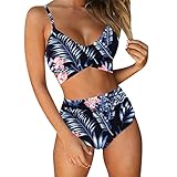 QUINTRA Damen Bikini Set Blumedrucken Cross Back Bauchweg mit Bikinihose Hohe Taille Zweiteiliger Bademode (B Schwarz, L)