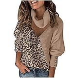 GOKOMO Damen Pullover Spleißen Leopard Gitter Sweatshirt Langarmshirt Rollkragen Pulli Damen Warm Top Lässige Lose Tunika Bluse Shirt Oberteil Kleidung Kapuzenp