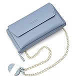 Geldbörse Damen Leder Brieftasche mit eingearbeiteter Kette, Lang Portmonee Clutch Handy Geldbeutel Reißverschluss, Multifunktion Portemonnaie Schutz Hülle für Samsung iPhone Huawei Telefon (Blau)