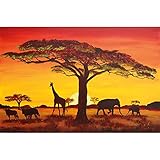 GREAT ART® XXL Poster – Sonnenuntergang in Afrika – Wandbild Dekoration Tier Silhouetten Natur Deko Steppe Wanddekoration Landschaft Savanne Motiv Fotoposter Wandgestaltung (140 x 100 cm)