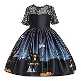 Halloween Partykleid Kinder Mädchen Halloween Kostüm Ärmellos Spitze Patchwork Kleid Abendkleid Kürbis Fledermaus Drucken Festlich Kleid Ballkleid für Fasching Karneval Halloween Abschlussb