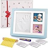 Amzeeniu Bilderrahmen Baby Handabdruck und Fussabdruck Gipsabdruck Set,inkl Buchstaben und Zahlen Schablonen Set,für Neugeborene Baby Kinderzimmer Dekoration Drucke Fotorahmen(3 Gitter, Blau)