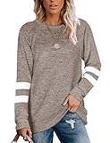 ANFTFH Damen Langarmshirt Einfarbiges Oberteil mit Rundhalsausschnitt und gestreiften Ärmeln Longsleeve Tshirt Braun S