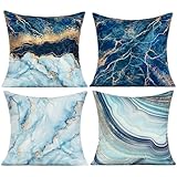 Navy Blau Kissenbezüge Samt Gold Marmor Zuhause Kissenhülle Dekorativ Muscheln Meer Weich Kissen 18X18 Zoll 4er Set für Sofa Schlafzimmer Couch Dekoration 45x45