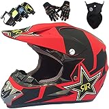 KILCVEM Motocross Helm Kinder von 5 bis 14 Jahren, Jugend Erwachsene Cross Helm Set Fullface Crosshelm für Downhill Enduro Quad Bike MTB Go Karting,Black Red-L