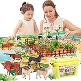 BUYGER 58 Stück Tiere Bauernhof Spielzeug, 12 Tierfiguren Set mit Spielmatte, Bauernhof Tiere Tierespielzeug Spielset für Kinder ab 3+ J