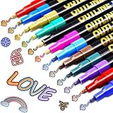 VEERUN Outline Stifte,12 Farben Glitter Outline Pens Double Line Doodle Blenderstifte zum Schreiben von Geschenkkarten, Geburtstagsgrüße, Scrap Booking, DIY Kunsthandwerk(6 Gold Linie+6 Silber Linie)