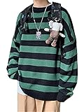 QPRER Autumn Striped Sweater Für Herren Casual Langarm Patchwork Sweater Slim Sportswear Pullover Herrenmode Jacke Schwarz Grün,L