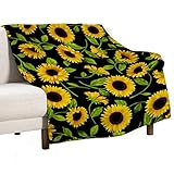 Decke Kuscheldecke Flauschig 180x220 cm Schwarze Sonnenblume Flanell Fleecedecke für Sofa Couch und Bett, Decken Blanket Wohndecke für Erwachsene, Paare,