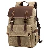 Berchirly Wasserdichter gewachster Canvas-Rucksack aus Leder für Spiegelreflexkameras - Beige - Larg