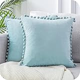 Topfinel 2er Set Samt Kissen mit Pompoms Einfarbig Kissenbezüge Dekorative Kissenhülle Kopfkissen Sitzkissen Dekokissen Couchkisen für Sofa Schlafzimmer Büro Auto 40X40cm Hellb