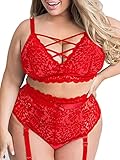 Dessous-Set für Damen in Übergröße, sexy Netzstoff, schwarze Spitze, BH mit hoher Taille, Strumpfhalter, 2 Stück, rot, 4X-Larg