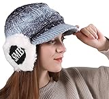 ZffXH Woll-Strickmütze mit Ohrenklappen, gehäkelte Wintermützen für süße Frauen und Mädchen, blau / grau, L