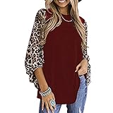 OrientalPort Damen Leoparden-T-Shirt, Chiffon, Patchwork, 3/4-Ärmel, Tunika, Top, lässig, lockeres Sweatshirt Gr. M, w