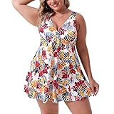 Eukivntn Damen Einteiler Plus Size Badeanzüge Bauchweg Bademode mit Boyleg Kurz Shaping Body Kleid Badeanzüge, Weiß,