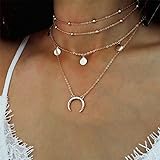 Elistelle Halskette Choker Mehrreihig Kette mit Anhänger Mond Muster Halsband Ketten Für D