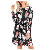 STOREYH Damen Cartoon Weihnachten Druck Midi Kleider Elegant High Waist Rundhals Langarm Wickel Tunika Loose Knielang Kleid Party Festlich Abend Urlaubs Frauen Dress Karneval A-Linie Blusenk