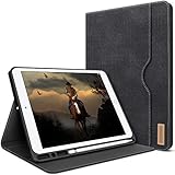 Hülle für iPad 10.2 2021 9.Gen/ 2020 8.Gen/ 2019 7.Generation mit Stifthalter Leder Standfuß Denim Automatischem Schlaf/Aufwach Smart Cover mit Tasche DTH-Panda iPad 10.2” Case (Crow Black)