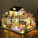 30X25X22CM Musik-Puppenhaus-Miniatur mit LED-Licht - mit Musikkomponenten - DIY Puppenhaus im Maßstab 1:24 zusammenbauen, Holzpuppenhaus-Bausatz - DIY Miniatur-Puppenhaus-Bausätze mit Möb