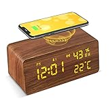 Digitaler Holzwecker mit Wireless Charger, VESKYAO Holz-Digitaluhr, mit Sprachsteuerung /Schlummerfunktion/Datum/Temperatur und Luftfeuchtigkeit für Zuhause und Büro mit Stromausfallsicherung